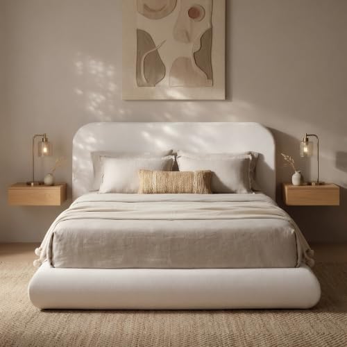 Image of RECCI Airframe Bread Queen Curved Cloud Platform Bed Frame | Fully Cushioned Foam Arched Panels and Soft Rounded Headboard, Easy to Assembly, Beige Chenille Fabric for Aesthetic Bedrooms