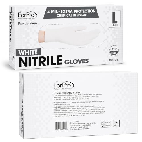Image of ForPro Disposable Nitrile Gloves, Chemical Resistant, Powder-Free, Latex-Free, Non-Sterile, Food Safe, 4 Mil, White, Large, 1000-Count