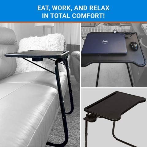 Ultra Folding TV Tray Table and Cup Holder, Adjustable to 6 Heights and 3 Angles with Device Holder (Black)