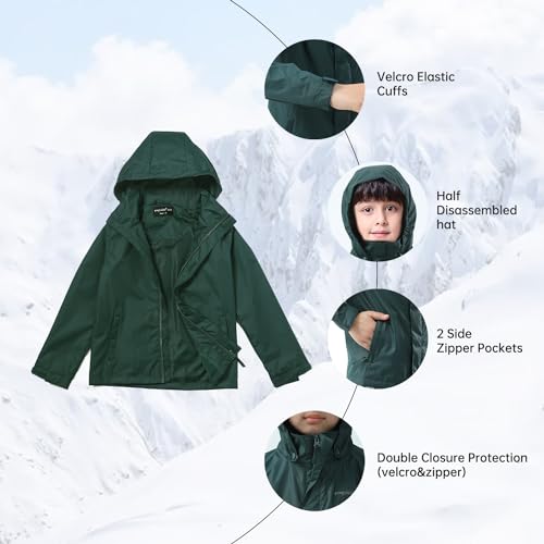 Boys Girls Rain Jacket,Kids Lightweight Waterproof Hooded Raincoats Windbreakers,Outdoor Hiking Coat Dark Green 9-104
