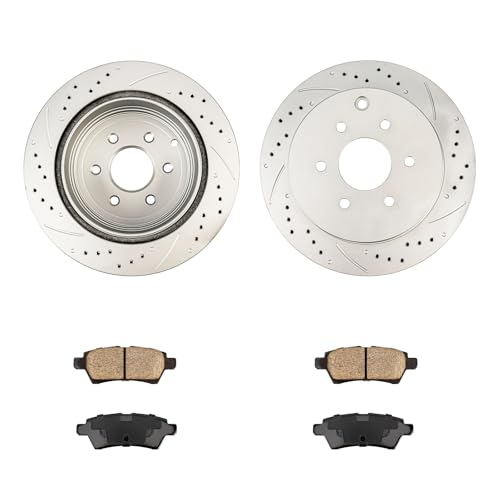 Image of KAX Rear Brake Kit, Drilled and Slotted Brake Rotors, Ceramic Brake Pads | Fits Nissan Pathfinder 2005 2006 2007 2008 2009 2010 2011 2012, Automotive Replacement Brake Kit