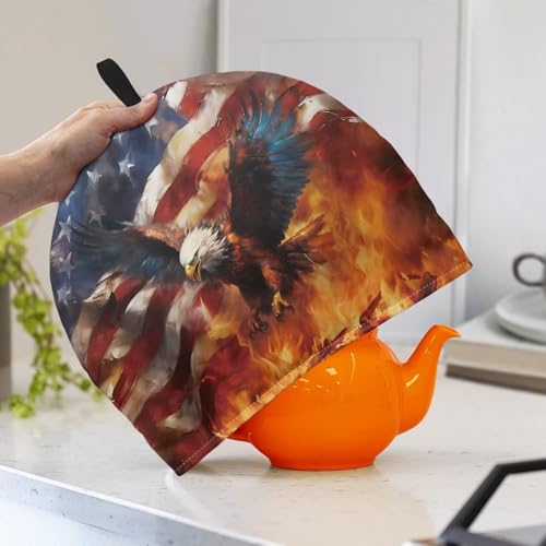 Image of Tea Cosy Tea Pot Cozies Cover Insulating Keep Warm Teapot Dust Cover Gift for Holiday Home Party Decor July 4th Patriotic American Flag Eagle Flame Print