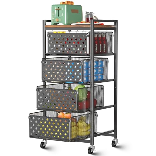 Xpatee 5 Tier Kitchen Storage Cart with Wheels Utility Fruit Vegetable Storage Rack Stand with Pull-Out Baskets & Wood Top Metal 4-Drawers Rolling Snack Cart Kitchen Cart for Potato Onion(Black)