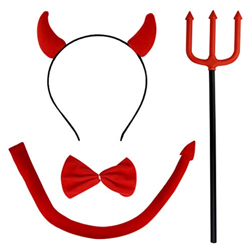 Jmkcoz Halloween Devil Costume Set Devil Horn Headband Red Devil Tail Bowtie Devil Red Pitchfork Demon Cosplay Hair Hoop Accessories for Carnival Themed Party Prop Costume Decoration