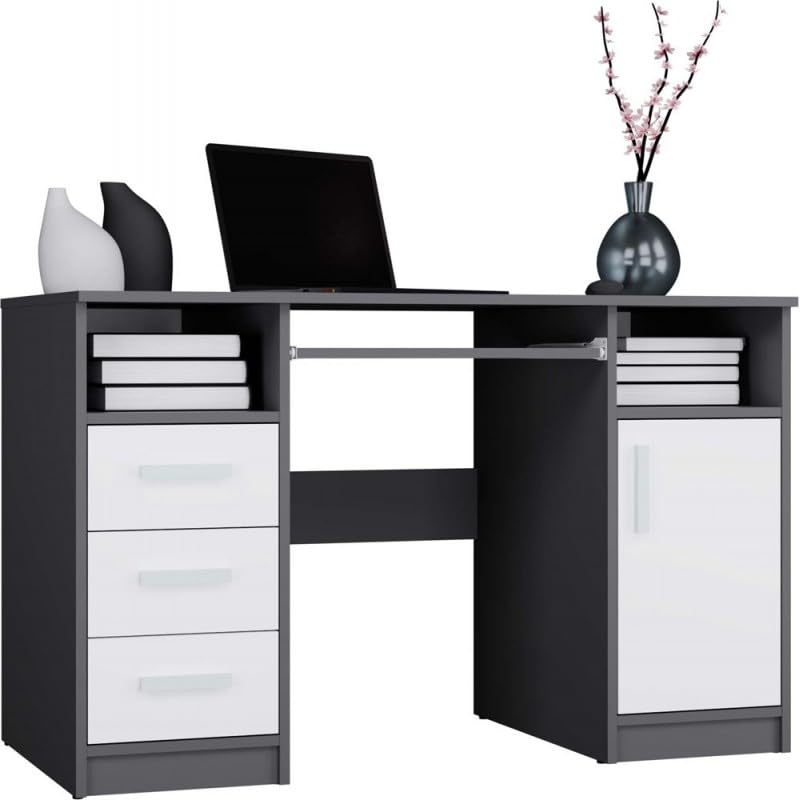 CDF Schreibtisch DELTA moderner Homeoffice-Schreibtisch mit 3 Schubladen Tür Tastaturauszug Ablagen großer Arbeitstisch für Büro Jugendzimmer & Gaming-Setup Anthrazit/Weiß Einfach DIY 120 x 75 x 60 cm