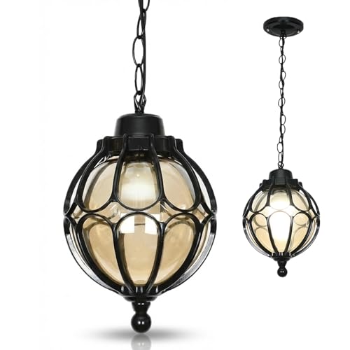 IP65 Waterproof Outdoor Hanging Lantern Pendant Light – Adjustable Chain, Industrial Style, Glass Shade for Garden, Patio, Porch, Front Door – Aluminum Lamp for Weather Resistance (Black,22CM)