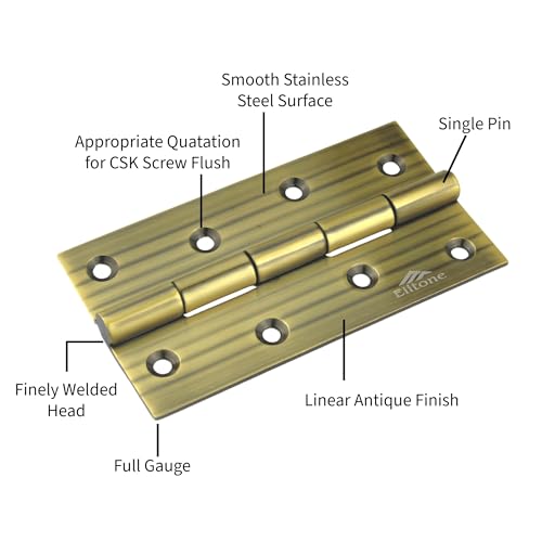 Image of Stainless Steel Window & Door Butt Hinges Kabja for Home /Office /Hotel for Main Door /Wooden Door /Kitchen, SS Welded Heads(12 Piece,Linear Antique, 4 Inch x 12 Gauge /2.5 mm