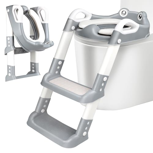Toilettensitz Kinder mit Treppe, Toilettentrainer für Kinder, 2 IN 1 Toilettentrainer mit Treppe für Jungen und Mädchen, WC Sitz mit PU Gepolsterter Höhenverstellbar & Faltbar, Rutschfest (Grau)