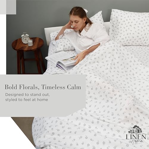 Image of Linen Home 100% Cotton Printed Percale Sheet Set Queen Size, 4 Piece Deep Pocket Floral Bedding, Crisp Cool & Breathable, Fade-Resistant Design, Hotel Luxury, Long-Staple Cotton, Grey Silhouette