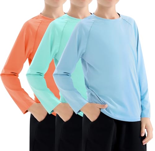 Boys Swim Shirt UPF 50+ Kids Rash Guard Long Sleeve 3 Pack Youth Sun UV Protection SPF Water Fishing Top Shirts 5-18Y
