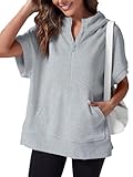 Fisoew Womens Oversized Half Zip Hoodies Short Sleeve Casual Sweatshirts Pullover Tops with Pockets Light Grey