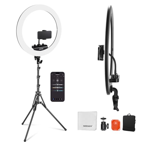 NEEWER RP18B Pro Ring Light 18" with Tripod Stand and Phone Holder Compatible with iPhone, 45W 2900K-7000K App Control Cleaning Cloth, Selfie Video Recording Makeup Studio Streaming Lighting, Black