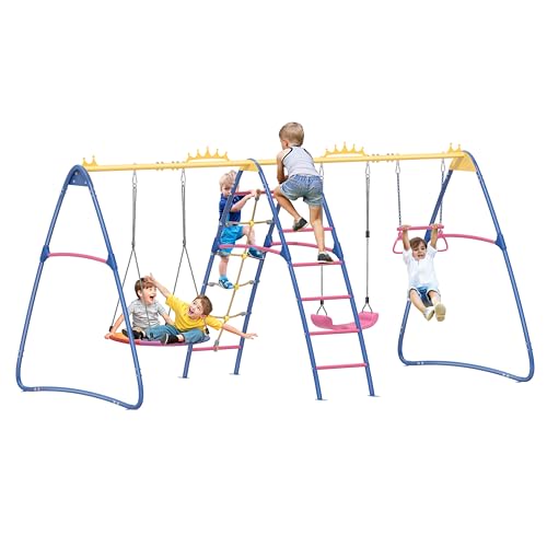 SPORTSWIN 6in1 Outdoor Metal Swing Sets for Backyard for Kids with Heavy Duty Frame (Blue)