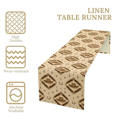 Image of Western Cowboy Table Runner, Aztec Geometric Horseshoe Hat Pattern Linen, Rustic Beige Dining Decor for Farmhouse Kitchen 13x72 Inch
