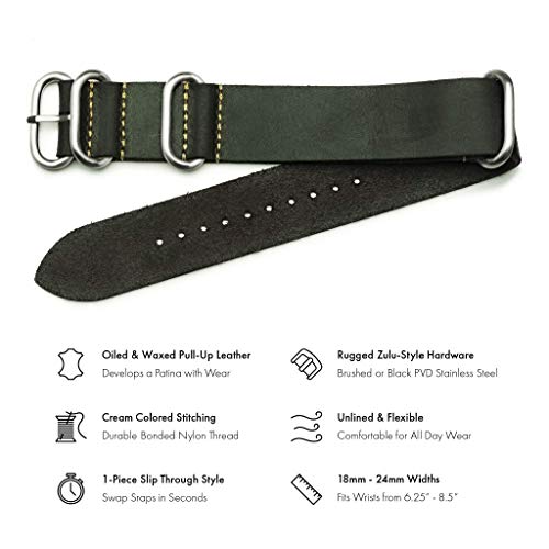 Benchmark Leather Watch Band - Crazy Horse Oiled Leather One-Piece Military Watch Strap - Brushed Stainless-Steel Zulu Style Hardware - 18mm, 20mm, 22mm or 24mm Widths