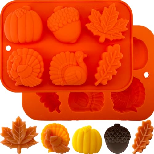 2Pcs Fall Thanksgiving Silicone Mold 3D Pumpkin Silicone Molds Halloween Autumn Pumpkin Maple Leaf Acorn Turkey Shape Chocolate Candy Mold Cake Pan Baking Soap Candle Resin Molds for Cake Decoration