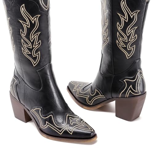 Image of ADAMUMU Womens Wide Calf Cowboy Boots Classic Western-Style Cowboys Boots for Women Pointed Toe Womens Cowgirl Boots with Chunky Heel Non-Slip Sole for Adding Timeless Elegance to Your Wardrobe