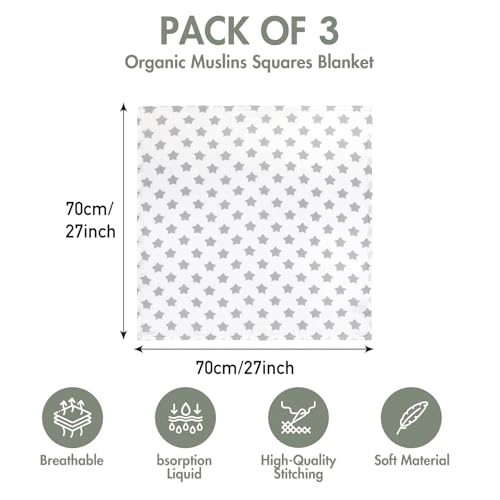 Image of GLLQUEN BABY Receiving Blanket Boy Cotton Muslin Swaddle Blankets Girl Newborn Squares Breathable & Soft Thin Baby Blankets Cloths Double Absorbent Infant Swaddling Wrap - 3 Pack (Star)