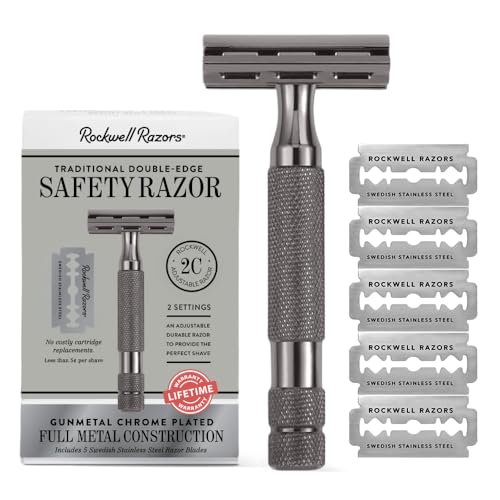 ROCKWELL RAZORS 2C Gunmetal Chrome Double Edge Safety Razor With Adjustable Shave Settings and 5 Fully Recyclable Razor Blades. Reusable Safety Razors for Men and Women