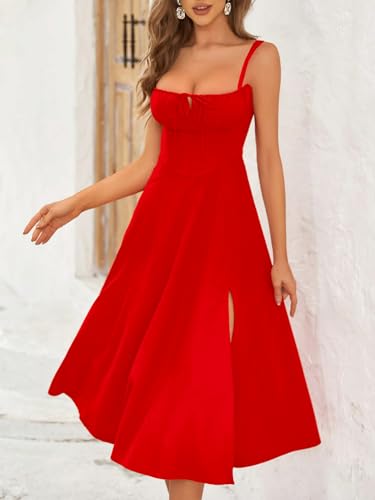 Image of Aahwan Women Fit and Flare Red Solid Lace Up Backless Ruched Boning Spaghetti Strap Slim Fit Long Cami Dress
