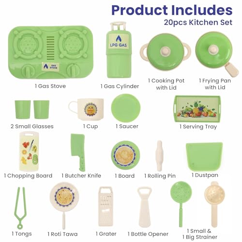 Image of Aditi Toys Kitchen Fresh Cook Set Bag for Kids, Pretend Play Cooking Toy with Mini Utensils & Gas Stove, Cylinder, Frying pan, Serving Tray, Kitchen Role Play Toy Set for Kids Age 3+ (Green)