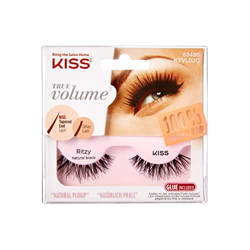 KISS True Volume Collection 1 Pair of False Lashes, Ritzy, 100% Natural Hair Fake Eyelases with Tapered End Technology includes Lash Glue