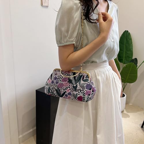 Image of Women Vintage Flower Embroidery Handbag Evening Purse Crossbody Shoulder Bag with Chain Strap