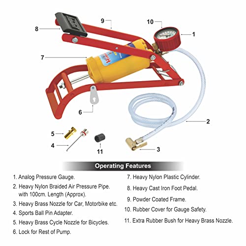 Image of Airmaker AMPB1 Air Foot Pump Nylon Plastic Body Use for Car or Motorbike or Bicycle Tyre Air Filling 150 Psi (Yellow and Red)