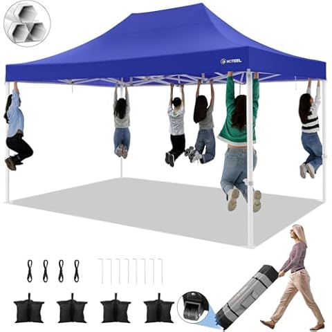 HOTEEL 10x15 Pop up Canopy Tent for Parties, Heavy Duty Easy Setup Tent Without Sidewalls, Outdoor Commercial Instant Gazebo for Wedding Event, with Roller Bag & Sand Bags, Dark Blue(Hexagonal Frame) Cover