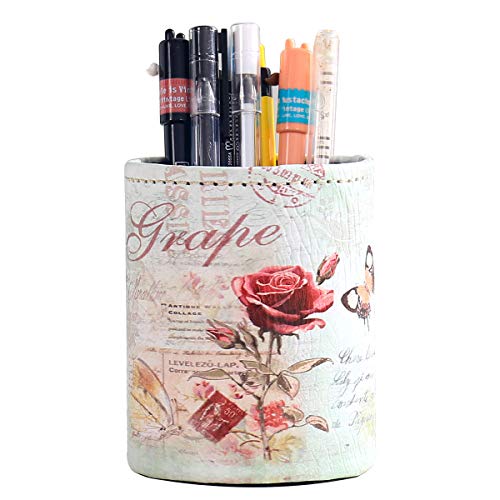 Pen Pencil Holder, Floral Flower Pattern Pen Cup Container PU Leather Desk Organizer Stand Decor Brush Scissor Holder Desk Organizer Decoration for Office Desk Home Decorative (3.1X4.1in(PG-21))