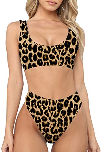 Sovoyontee Women's 2 Piece High Waisted Leg Cut Sexy Bikini Brown Leopard Swimsuit S