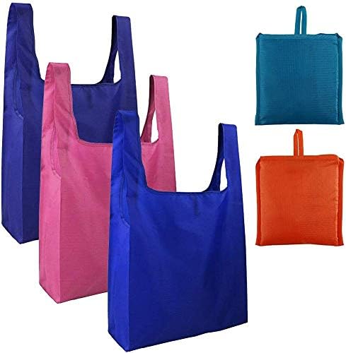 (5pack)Reusable Grocery Bags, Ripstop Polyester Reusable Shopping Bags, Washable, Durable and Lightweight Grocery Tote Foldable into Attached Pouch, -043