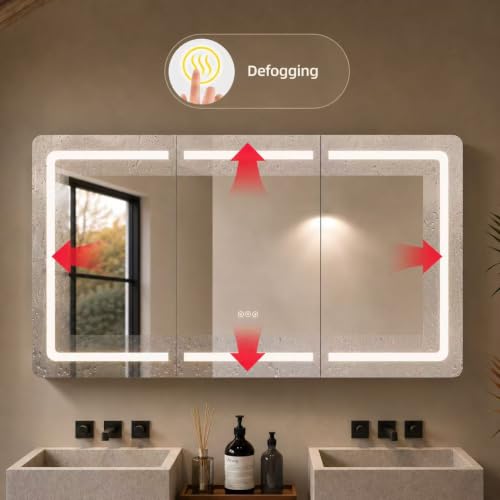 Armario-espejo LED para baño de 60" x 32", 3 puertas | Montaje en pared o empotrado, iluminación regulable frontal y función antivaho, estantes ajustables, diseño moderno en aluminio miniatura 5