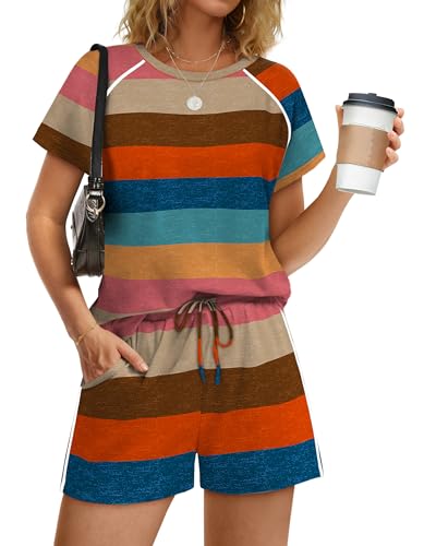 Sampeel Summer Outfits for Womens Sweatsuits 2 Piece Set Matching Short Sets Womens Loungewear Sets Woman Workout Set Spring Cruise Outfits Beach Vacation Clothes 2026 Striped Orange L — view 2