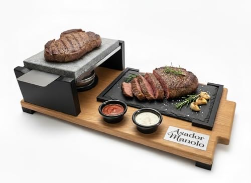 PIEDRASAR Piedra Volcánica para Asar, 15x20 cm, Set con Plato de Pizarra, Quemador de Alcohol y Salseros, Base de Roble