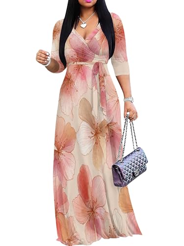 Image of Plus Size Dresses for Women Floral Print Maxi Dress Flowy 3 /4 Sleeve with Belt
