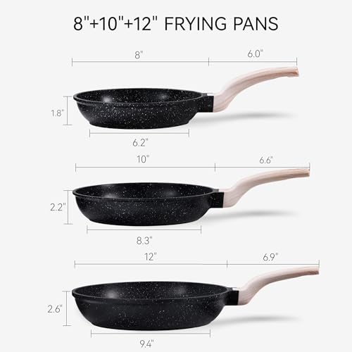 CAROTE Non Stick Frying Pans,Nonstick Granite Fry Pan Egg Pan Omelet Pans, Stone Cookware Chef's Pan, PFOA Free, Black Granite, 8"+10"+12”