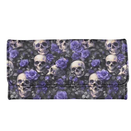 Image of AFPANQZ Skull Purple Rose Leather Wallets for Women RFID Blocking Checkbook Wallet with Cit Card Slots, Women's Leather Purse Large Capacity PU Purses with Zipper