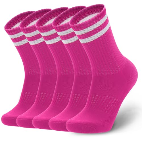 Image of Ultrafun 5 Pairs Striped Crew Socks Cotton Cushioned Athletic Sports Running Socks for Men Women Teens
