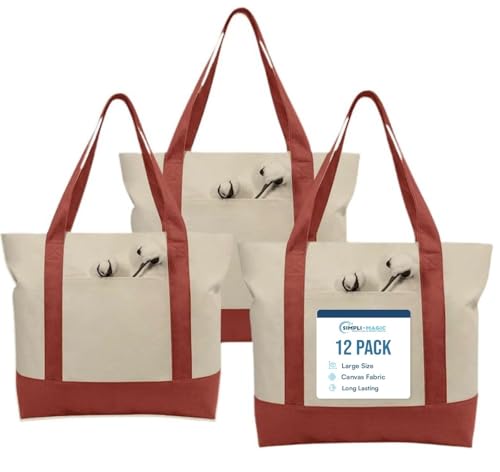 Simpli-Magic Stylish Canvas Tote Bag with an External Pocket, Top Zipper Closure, Daily Essentials, 12 Pack, 20" x 15" x 6", Red
