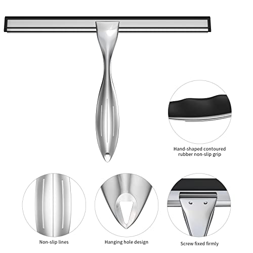 Image of Shower Squeegee for Glass Door 12-Inch Stainless Steel Bathroom Squeegee Window Wiper, Includes Shower Door Hook, Adhesive Hook, and Spare Silicone Blade for Window Mirror Car All-Purpose Squeegee