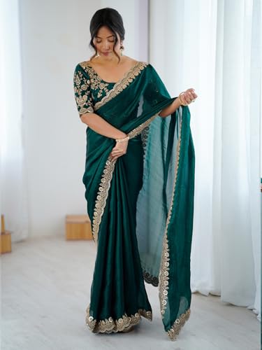 Image of AKHILAM Women's Tissue Embroidered Scalloped Border Saree With Embroidered Unstitched Blouse Piece