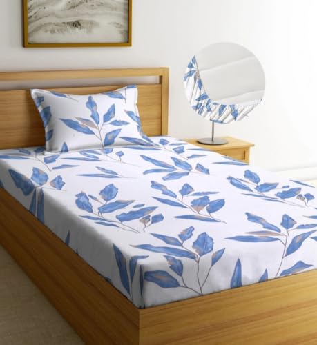 Image of NEW LEAF Premium 100% Cotton Feel Elastic Fitted Single Mattress Bedsheets with 1 Pillow Cover| All Around Elastic 200 TC Supersoft | (Size-78+36+6 inches, Royal Blue Leaf