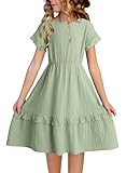 blibean Girls Summer Short Sleeve Dresses Big Kid Cotton Boho Lace Ruffle Semi Formal Dress Solid Casual Fancy Flare Party Clothes Dressy Outfit Size 8-9 Year Old Sage Green