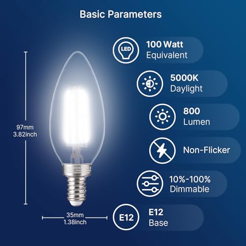 Image of FLSNT 100W Equivalent Candelabra LED Bulbs 5000K Daylight, Dimmable LED Chandelier Light Bulbs for Dining Room, Living Room, Porch, 800LM, E12 Base, 6 Pack UL,CA65 Listed.