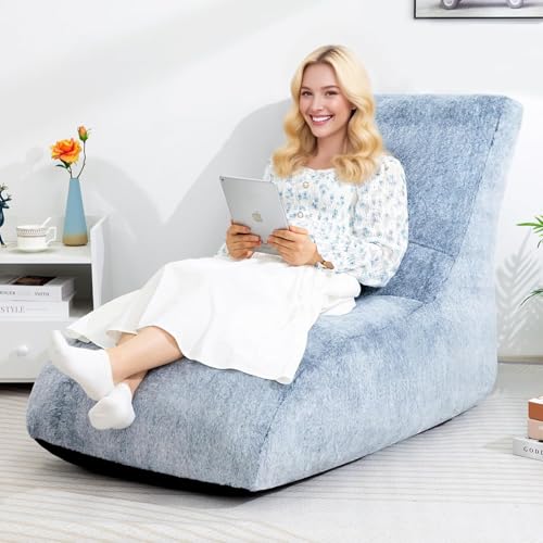 HollyHOME Accent Furry Bean Bag Chair, Extra-Large Zero-Gravity Chaise Lounge Chair for Adults, 30LB Memory Foam Bean Bag Sofa, Reading Lazy Chair for Living Room, Bedroom, Blue&Grey