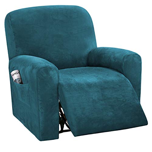 H.VERSAILTEX 4-Pieces Recliner Chair Covers Velvet Stretch Reclining Couch Covers for 1 Cushion Sofa Slipcovers Furniture Covers Form Fit Customized Style Thick Soft Washable(Small, Deep Teal)