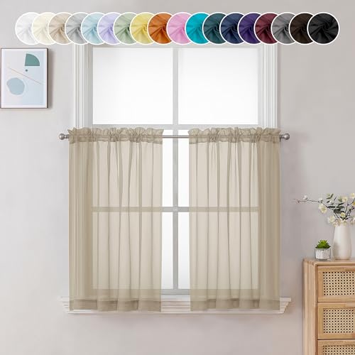 Image of Chyhomenyc Taupe Sheer Curtains 24 Inch Length, Short Window Curtains for Bathroom Living Room Basement, Light Filtering Small Cafe Curtains, 42W x 24L Inches, 2 Panels