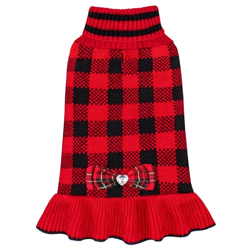 KYEESE Dog Christmas Sweater Dress with Bowtie Checkered, Turtleneck Dog Sweater for Small Dogs Girl with Leash Hole, Holiday Warm Pet Sweaters Dress, Red, Medium