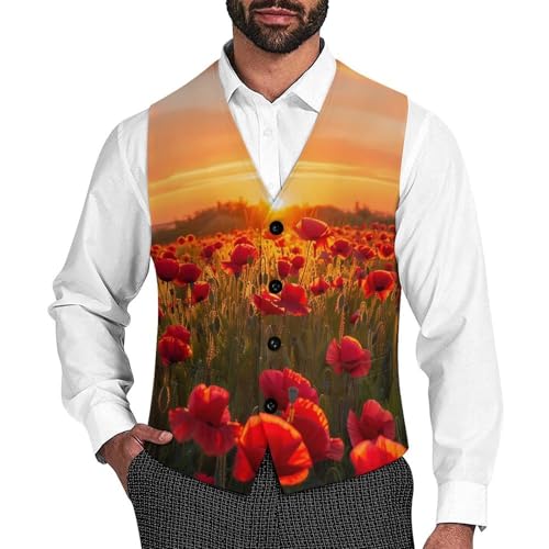 Poppy Field at Sunset Men's Suit Vest Waistcoat Vests Formal Dress with 2 Pockets for Business Casual Tuxedo